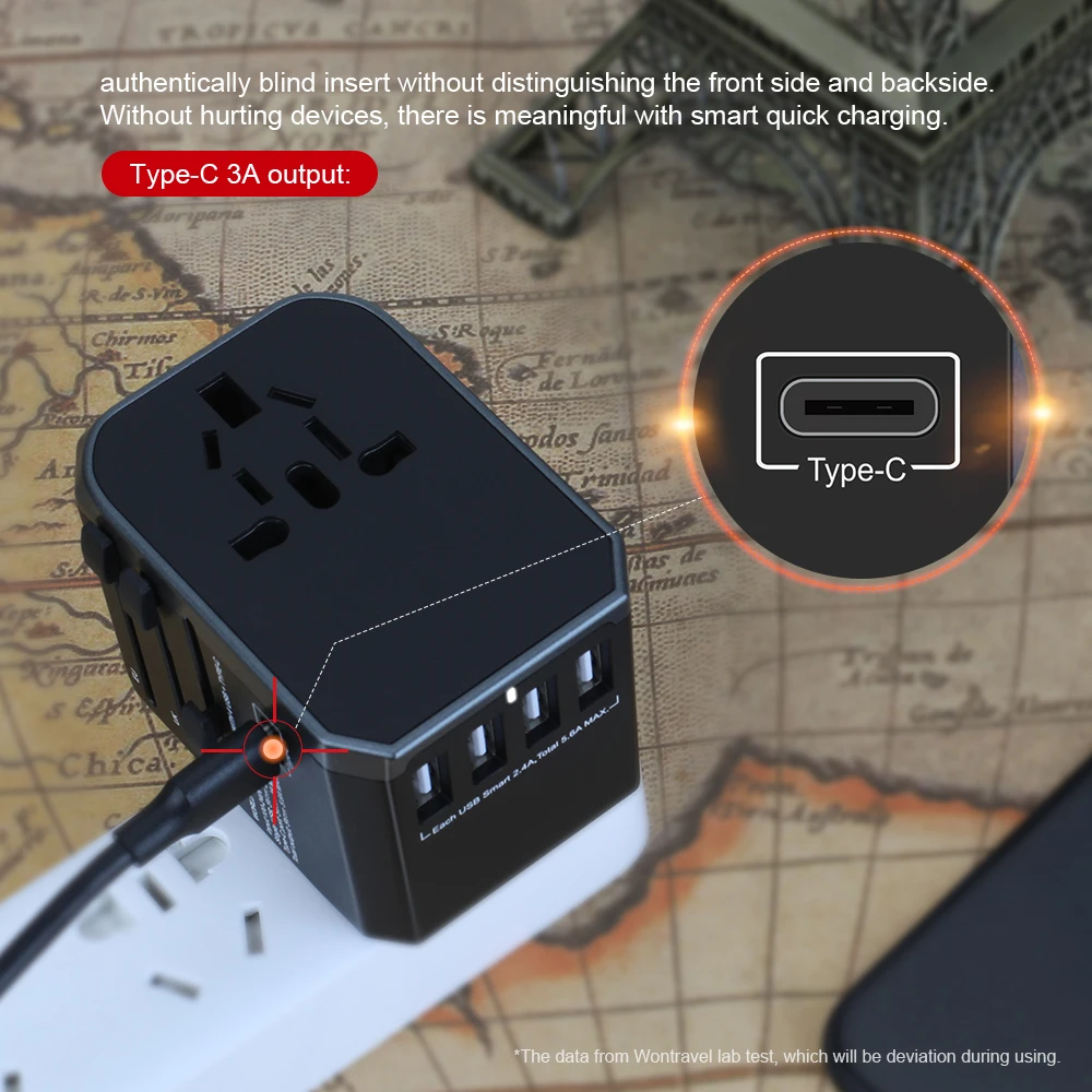 Wontravel 4USB Type C адаптер все в одном Универсальный для путешествий Международный зарядного устройства