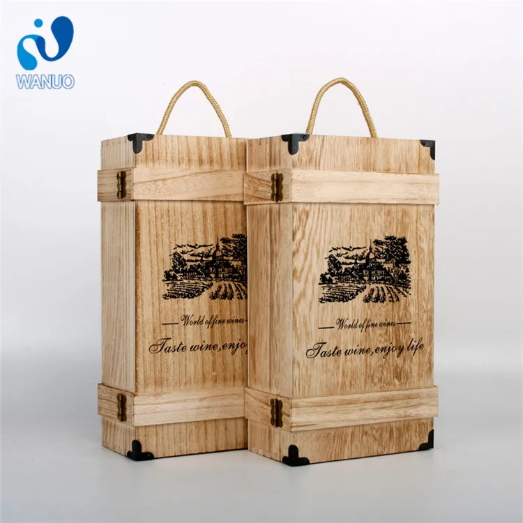 WanuoCraft 2 Bottles Paulownia Handmade Wooden Wine Storage Crate Box Wine Bottle Wood Box