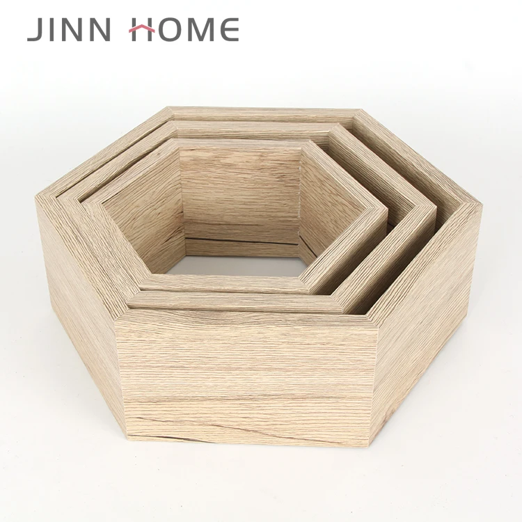 Wood Hexagon wholesale Wall-Mounted 3D Shadow Box frame 3 Sets Floating Display Shelves