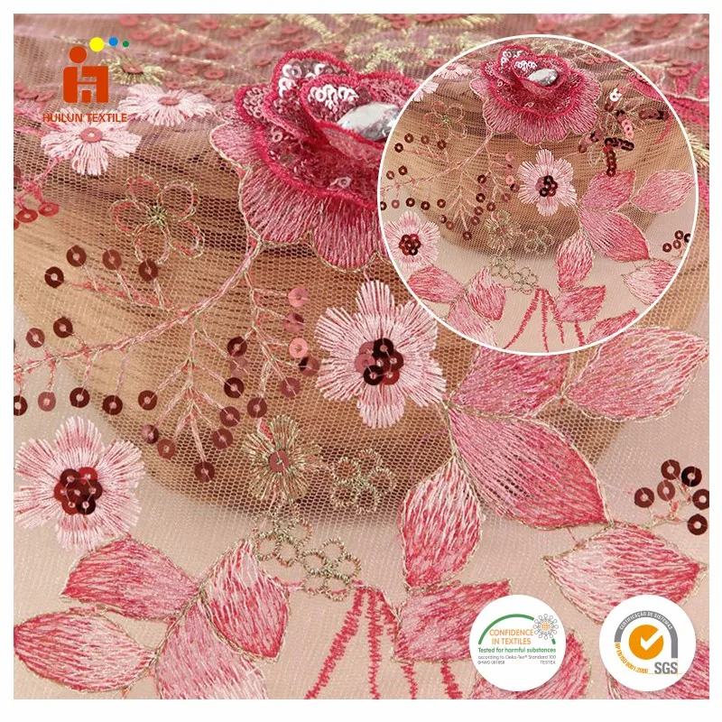 Hot products 2022 polyester mesh pink 3D flower sequin hand beaded embroidery lace