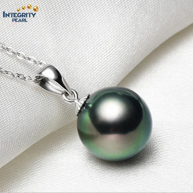 10-11mm 3A peacock 18K real genuine white gold tahiti tahitian black pearl necklace