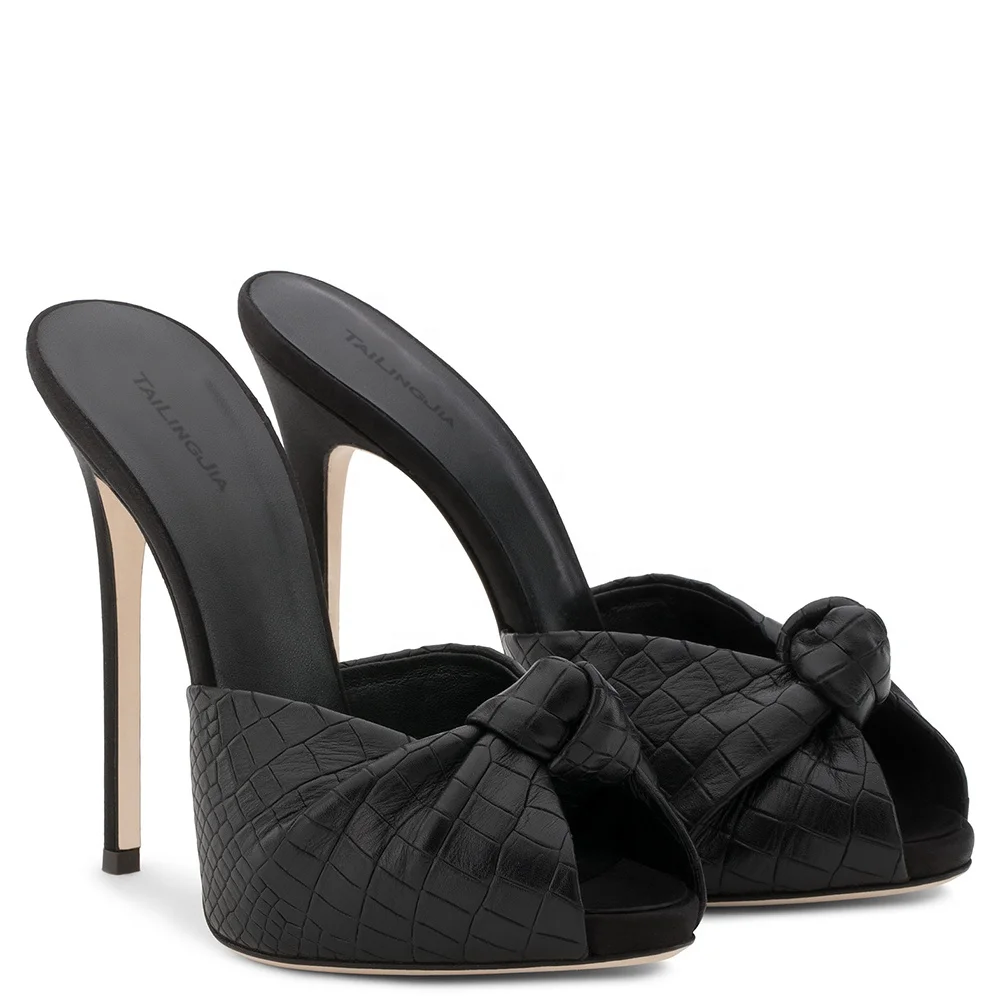 2018 Sexy Ladies Black Pink Gold Blue Summer Shoes Peep Toe Sandals Evening Dress Heels Big Size Women High Heel Knotted Mules