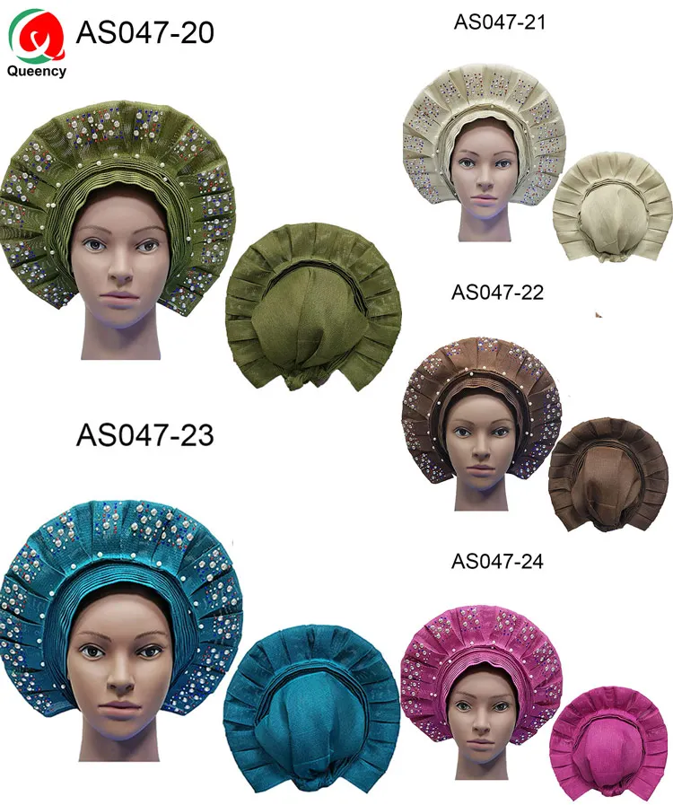 AF African Auto Gele With Beads nigerian beaded  head tie Beads & Stones head wrap scarf