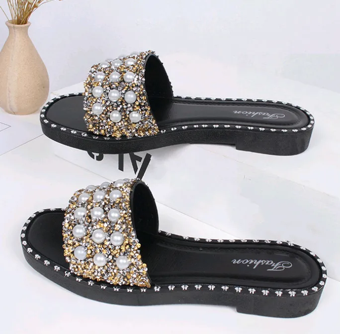 New fashion slipper flat PU footwear design woman pearl beach sandals