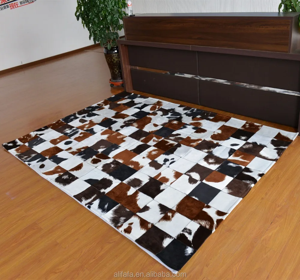 Faux patchwork cowhide carpet, brown printed pattern cow skin carpet