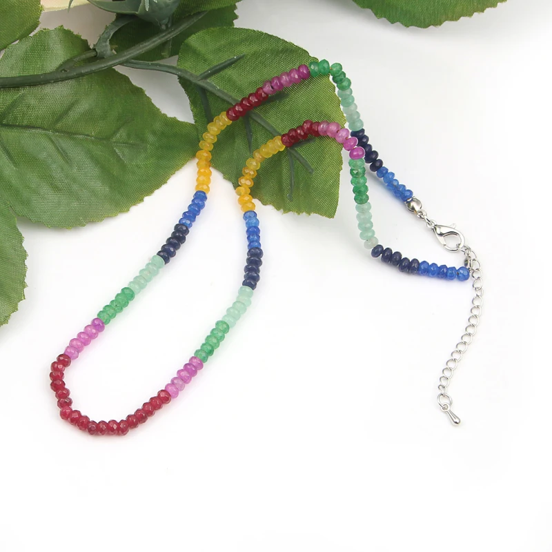 Colorful Genuine precious Sapphire Ruby & Emerald faceted Beads Necklace Multi Natural gemstone Necklace
