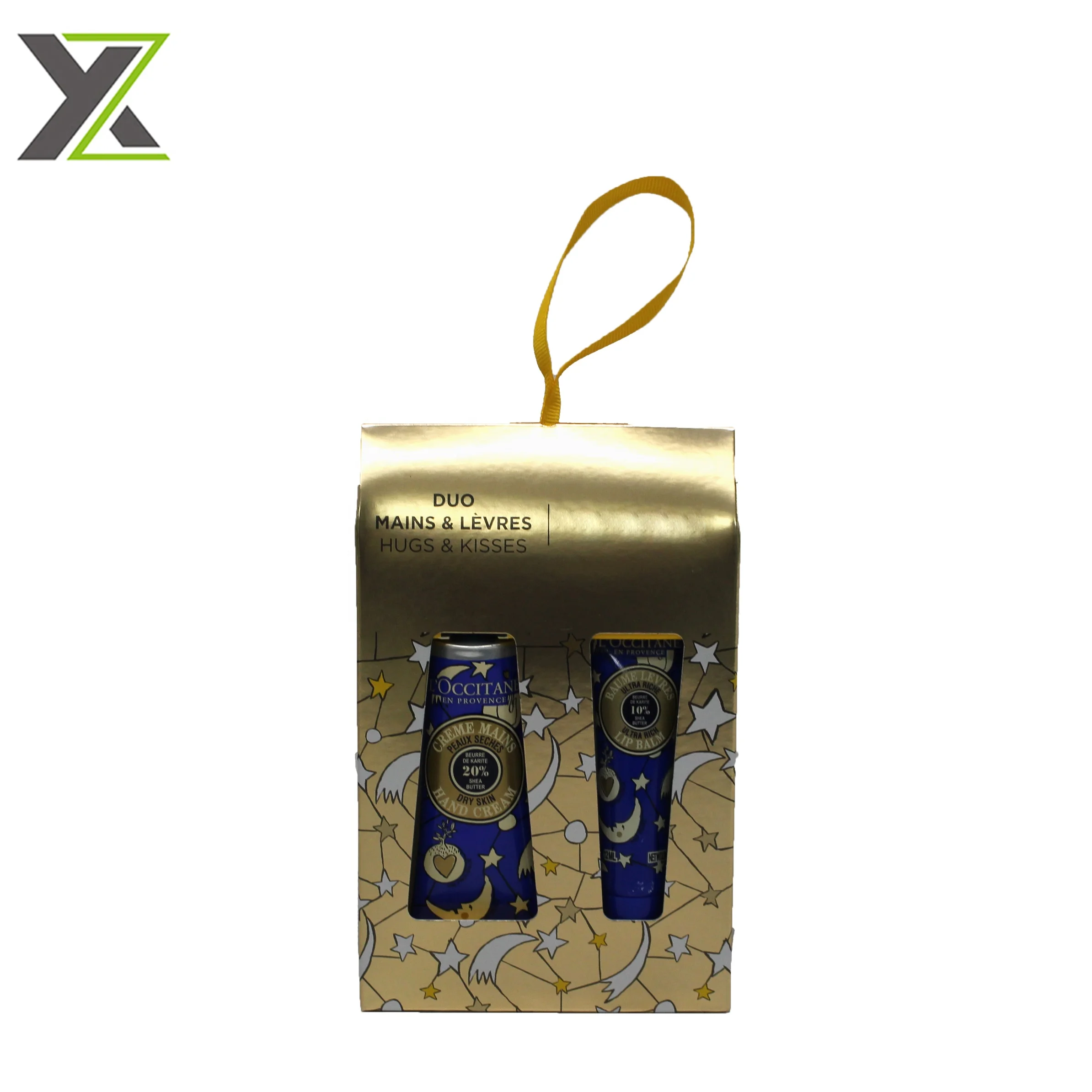 Custom gold fancy paper hand cream and lip balm set christmas gift box with hanging rope
