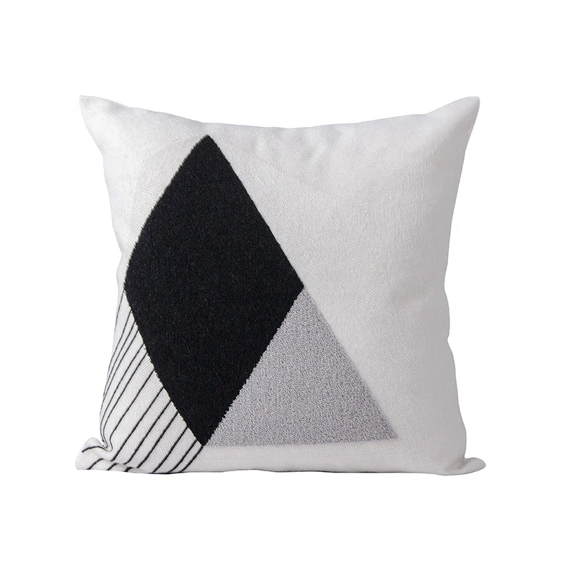 Monad 100% Cotton Black And White Geometrical Embroidery Throw Pillow Covers Square Cushion Case with Hidden Zipper