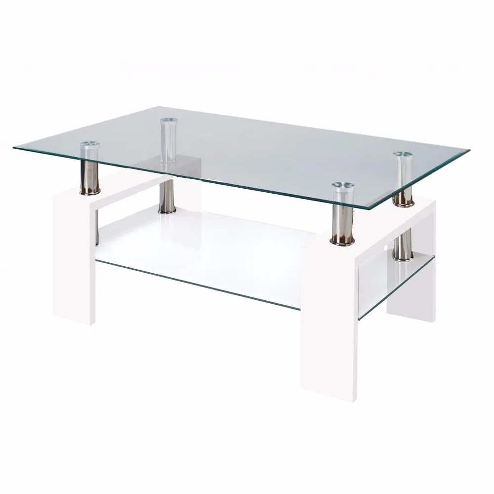 Elegant Glass Long Tempered Glass Coffee Table Modern Glass Top Metal Base