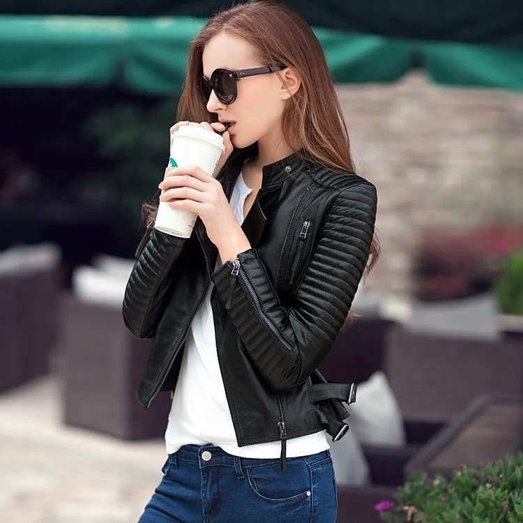 Wholesale Fashion Short Slim Fit Shop Black Synthetic Leather Jacket Women