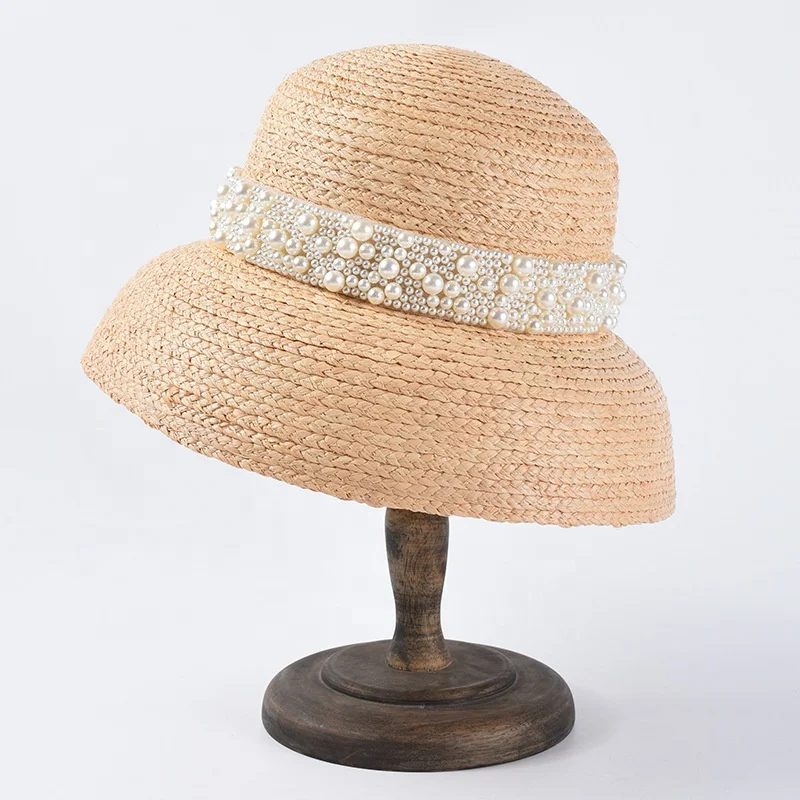 Женская соломенная шляпа-«Колокол» из рафии с жемчугом