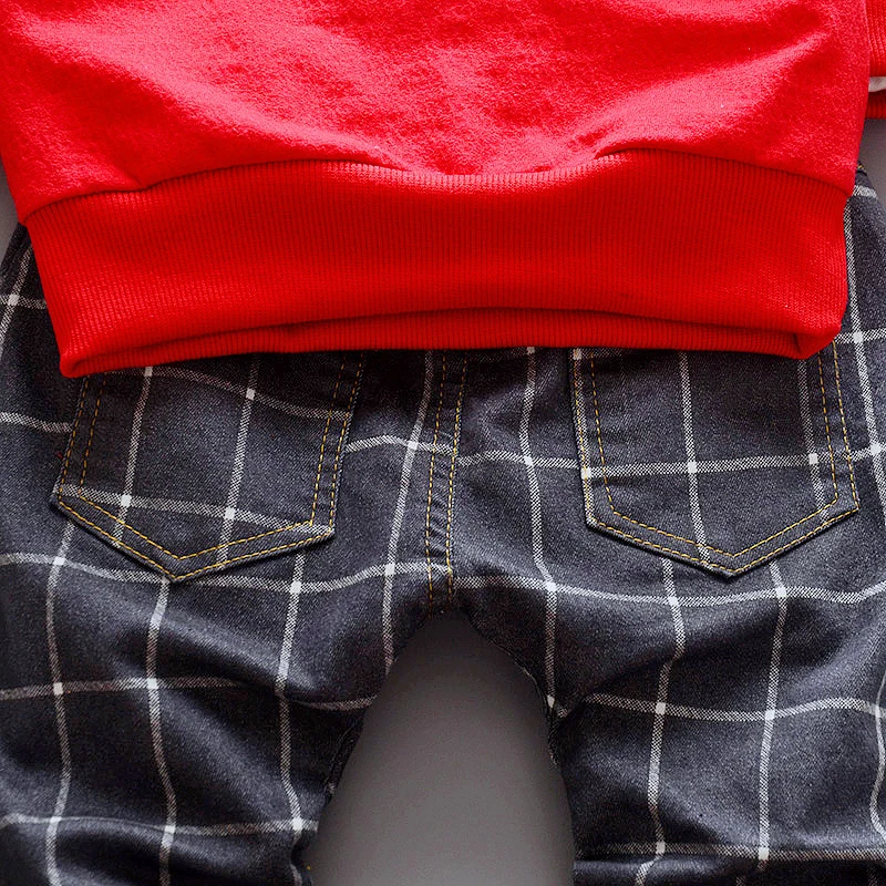 Hao Baby Spring And Autumn Two-Piece Kid Cotton Gentleman Long Sleeve + Plaid Denim Children Trousers Set