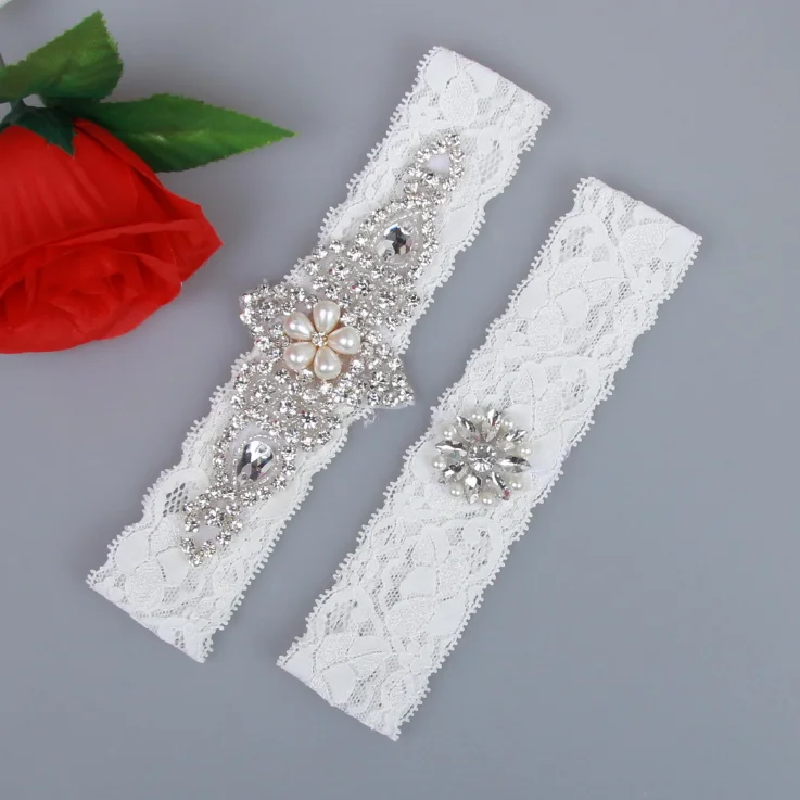 
ZH3644G Luxury Crystals Diamond Pearls Lace Garters For Brides Wedding Accessories White Handmade Women Sexy Leg Garters 