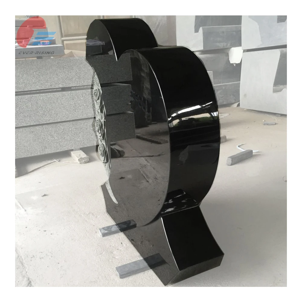 Black Granite Heart Shaped Headstone Rose Carving Monument