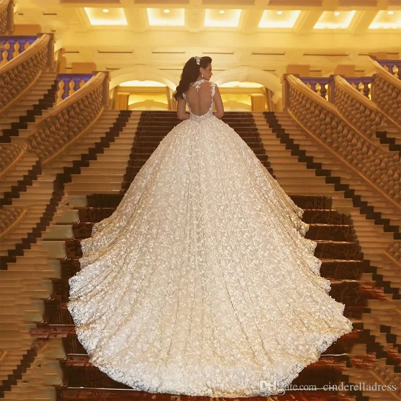 Vestido de Noiva Appliques Lace Beaded Muslim plus size cathedral train Ball Gown  sleeve white Bridal Wedding Dresses MWA285