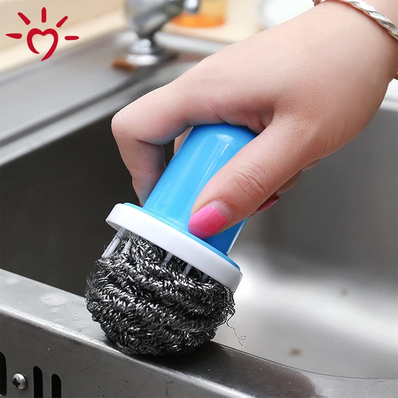 OEM handle dish steel wire ball scouring srubber kitchen washing  dish cleaning brush with handle