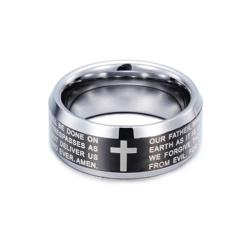 Christian Gift Accessories English Version Bible Jesus Cross Ring Tungsten Carbide Ring