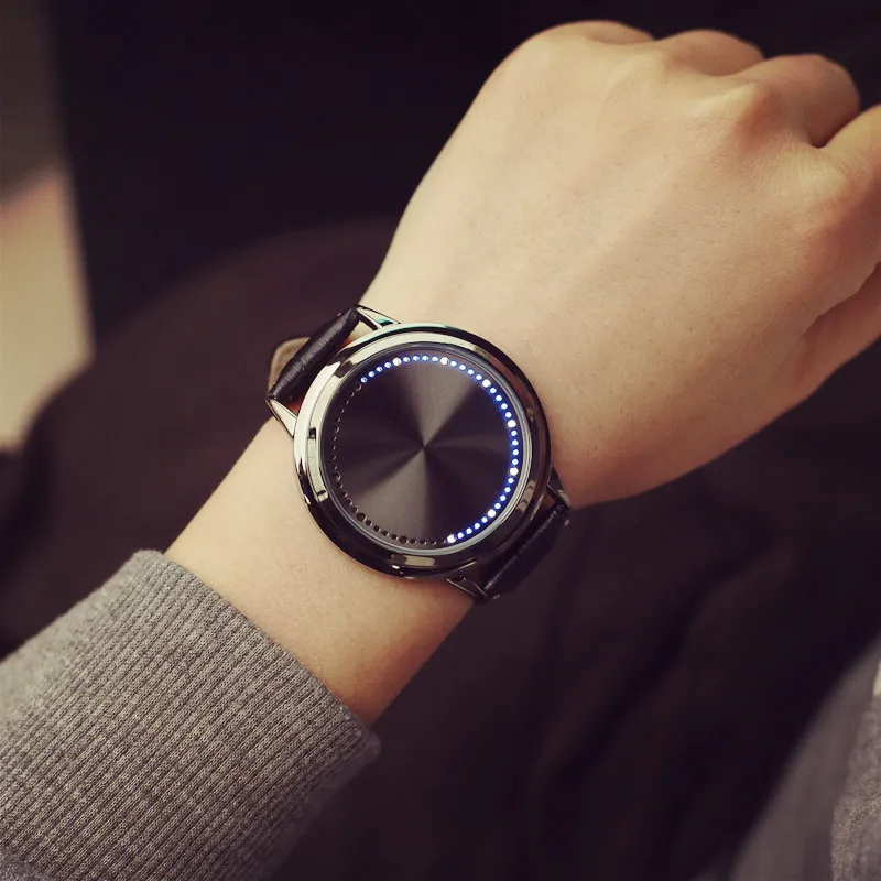 Creative Personality Leather Waterproof LED Watch Men And Women Couple Watch Smart Electronics Casual Watches