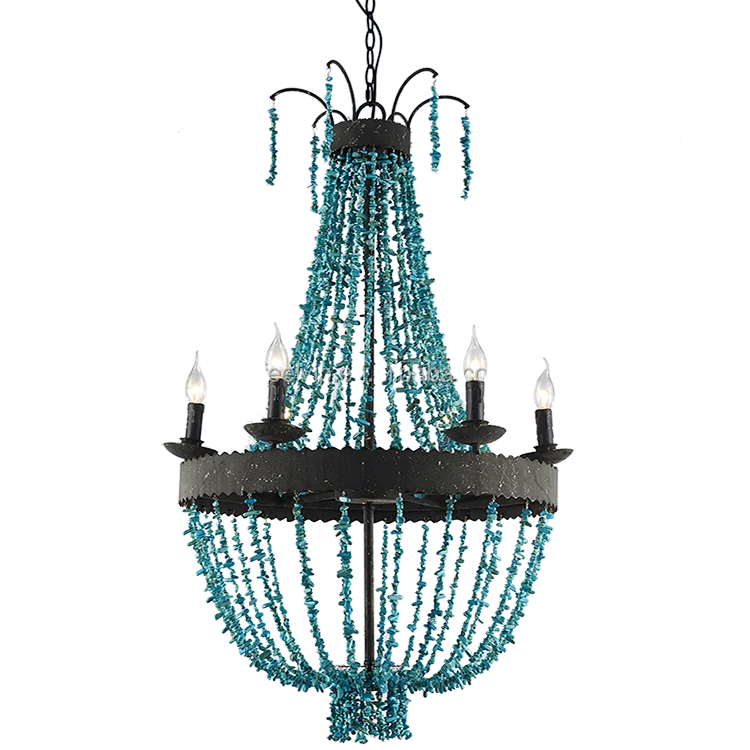 
2017 hot sale handmade blue stone new design large rustic beaded classic candle chandelier for dining room or hotel 