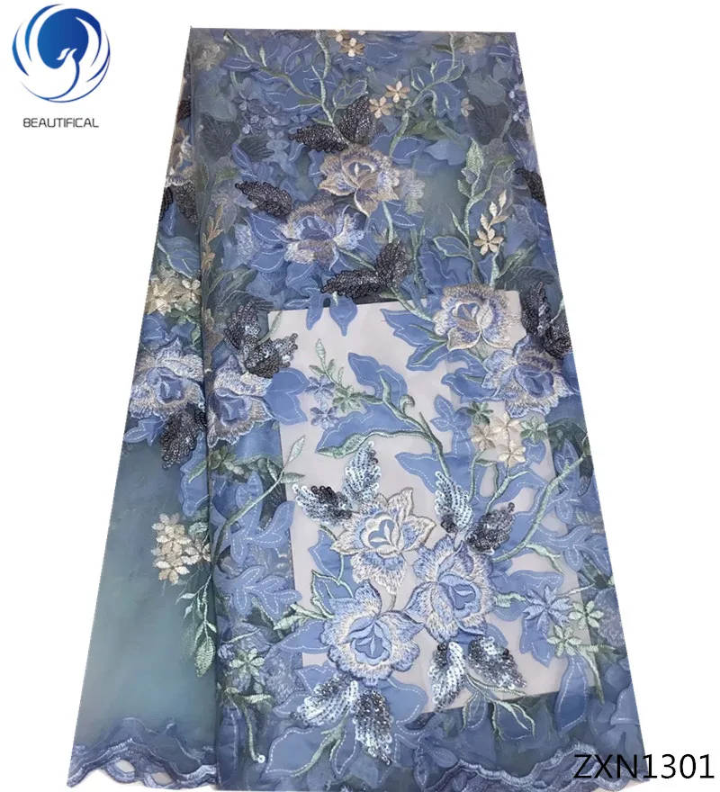 Beautifical african fabric mesh flower embroidery sequin net lace navy blue tulle ZXN13