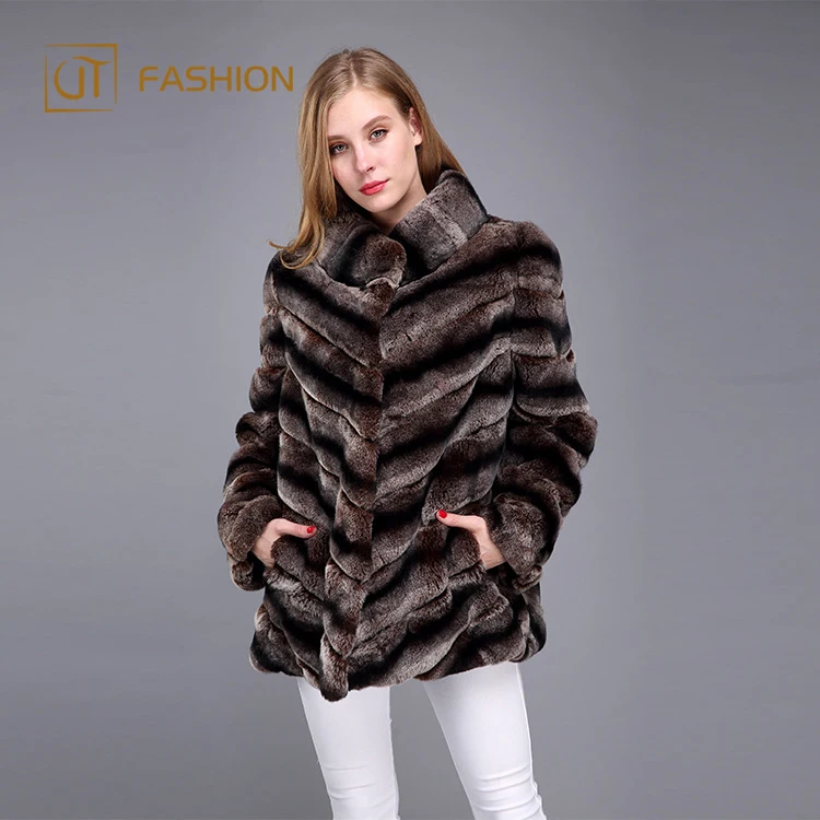 Top quality jtfur wholesale twill standing collar rex rabbit fur chinchilla women long coat