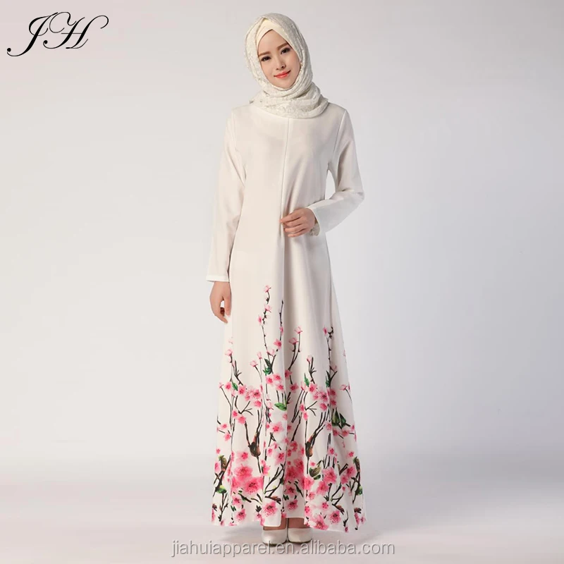 Women Muslim Abaya Dresses White Printed Long Gowns Maxi Long Sleeves Islam Festival Ladies Tradition Dresses