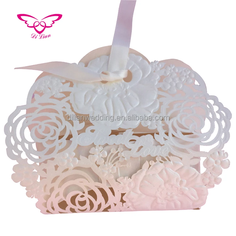 Laser cut pink color royal carriage candy box wedding