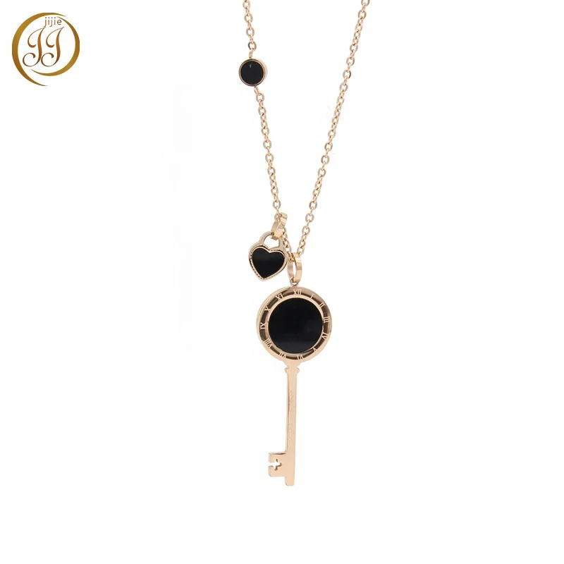 New Fine Jewellery Stainless Steel Ladies Roman Numeral Fashion Heart And Key Necklace