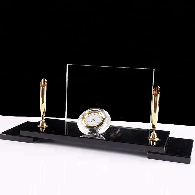 High quality Crystal pen stand / holder with clock for office desktop set crystal for office gifts