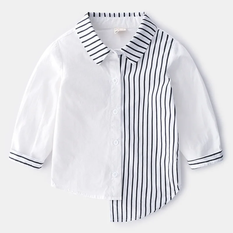 
New Product Distributor Wanted Boys Chinese Collar Stripe Long-sleeved Cotton Irregular Tailoring Shirt 