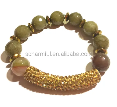 ST00290 Gold Plated Bead Green Jade Gemstone Beads Pave BarHand Mama Bracelet Beadable Bracelet