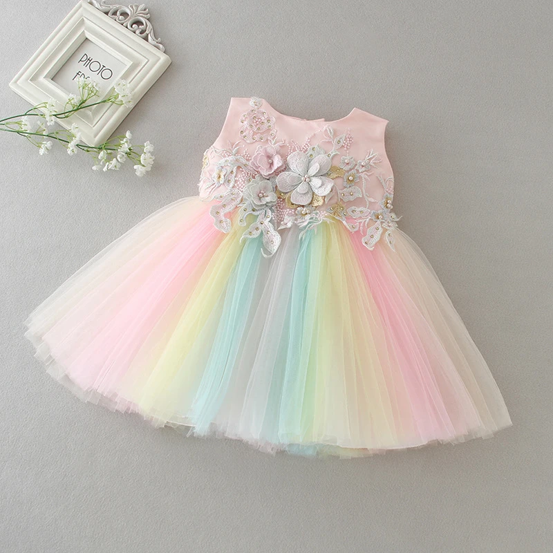 Boutique Wholesale Baby Girl Rainbow Color Dresses Princess Appliques Lace Tulle Infant Girls Pink Tutu Floral Dress