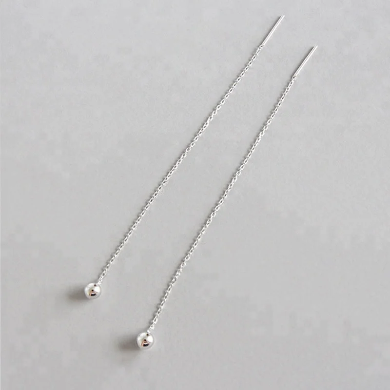 925 Silver Chain with 4MM Ball Long Earrings for Women Silver Jewelry Simple Ear Wire Prevent allergy