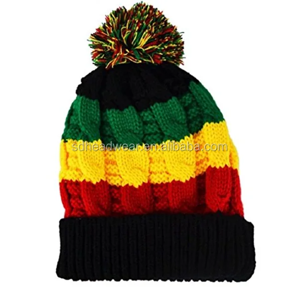 Rasta Beanie Bobble Hat Rasta Colours Black Red Yellow Green Ski Hat Slouch Reggae Hat