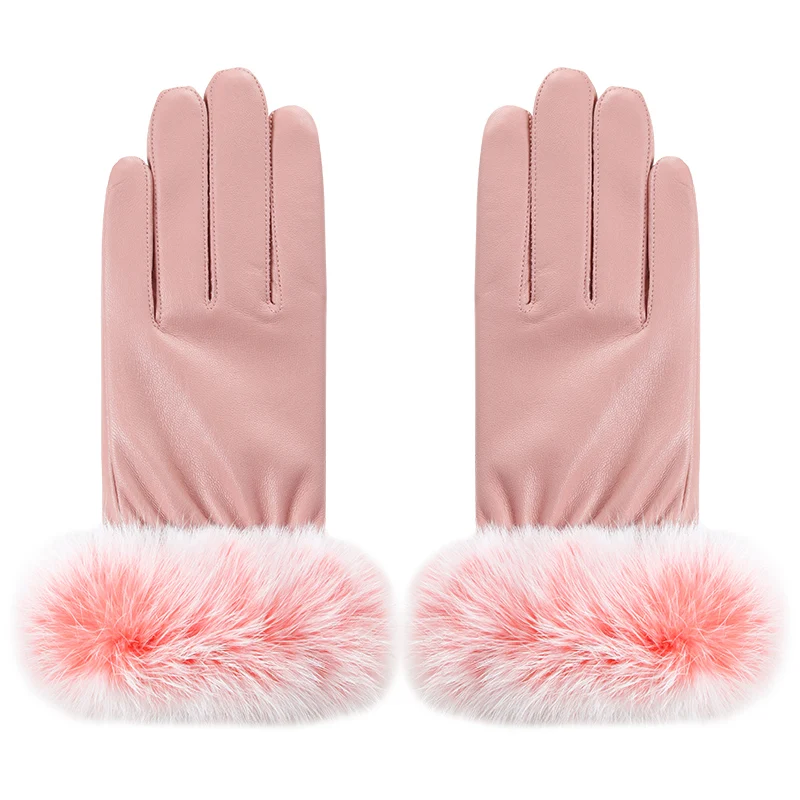 Cheap fur touch screen warm pu synthetic leather ladies hand gloves