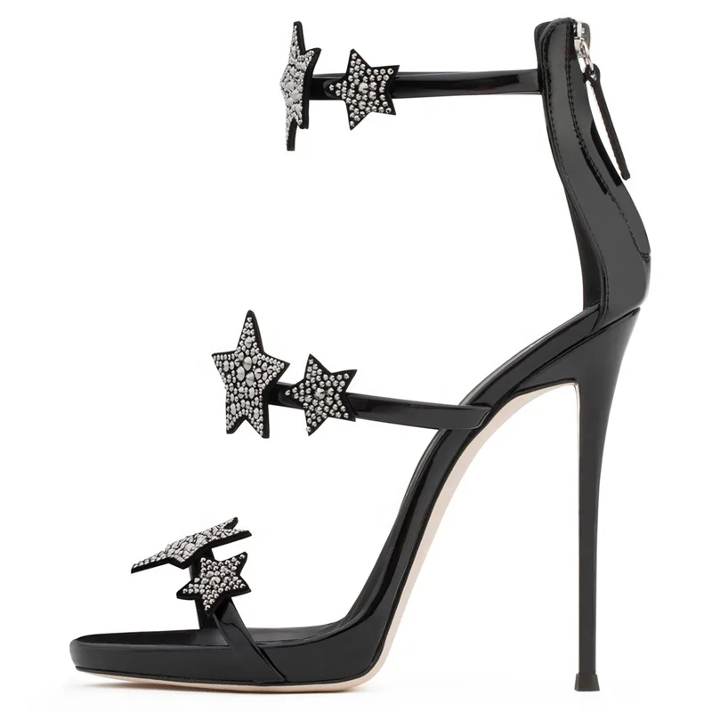 
MANRINO-0362 Open Toe Black Patent Pu Leather Upper Crystals Decor Womens Thin Straps Fashion Slim High Heel Sandals 2019 