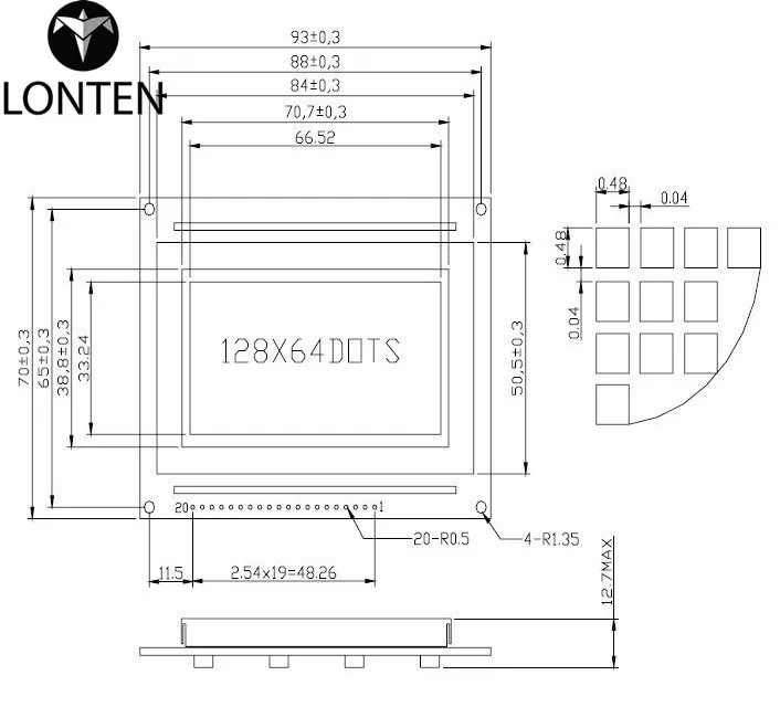Lonten Lonten 3.3V 12864 Graphic LCD Module with128x64 dots and ST7920 / ST7921 IC TN/STN Blue Backlight White Character3.3V For
