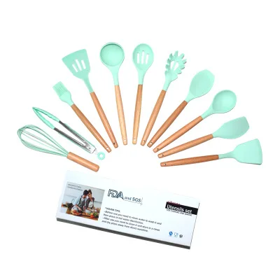 11pcs Silicone Cooking Kitchen Utensils Set, Bamboo Wooden Handles Cooking Tool BPA Free Non Toxic Silicone