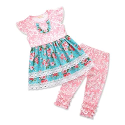 New Fashion Girls Boutique Outfits Sets Cute Kids Summer Remake Clothes Pink Floral Dress Ruffle Pants Baby Girl Clothing Sets