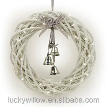 Hot sell Christmas wicker wreath with lights and bells,grey hanging christmas wreath