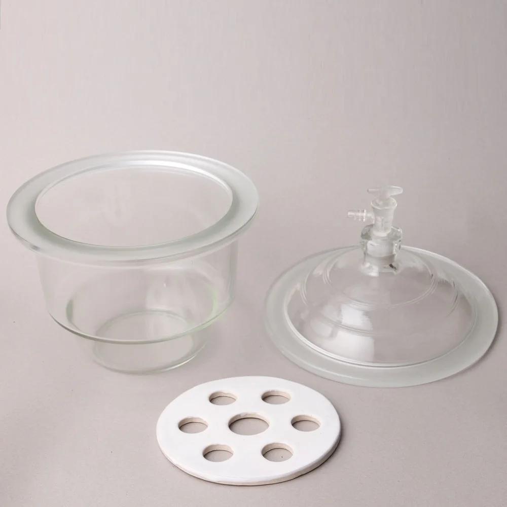 Vacuum Desiccator with ground-in stopcock and porcelain plate, clear glass