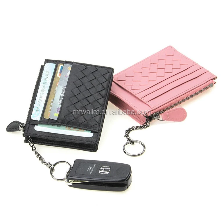Colorful woven leather keychain credit card holder key card holder, key ring credit card holder with zipped coin pocket