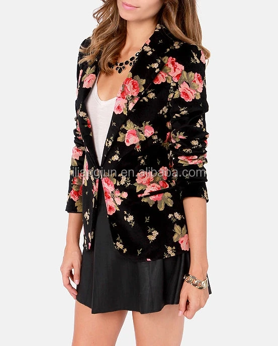 Bloom Floral Black Velvet Women Blazer