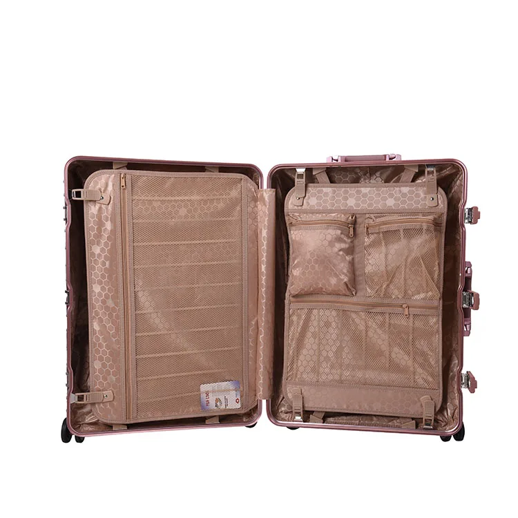 4 wheel aluminium striped luggage soft side metal frame luggage with hidden compartment carry on business suitcase