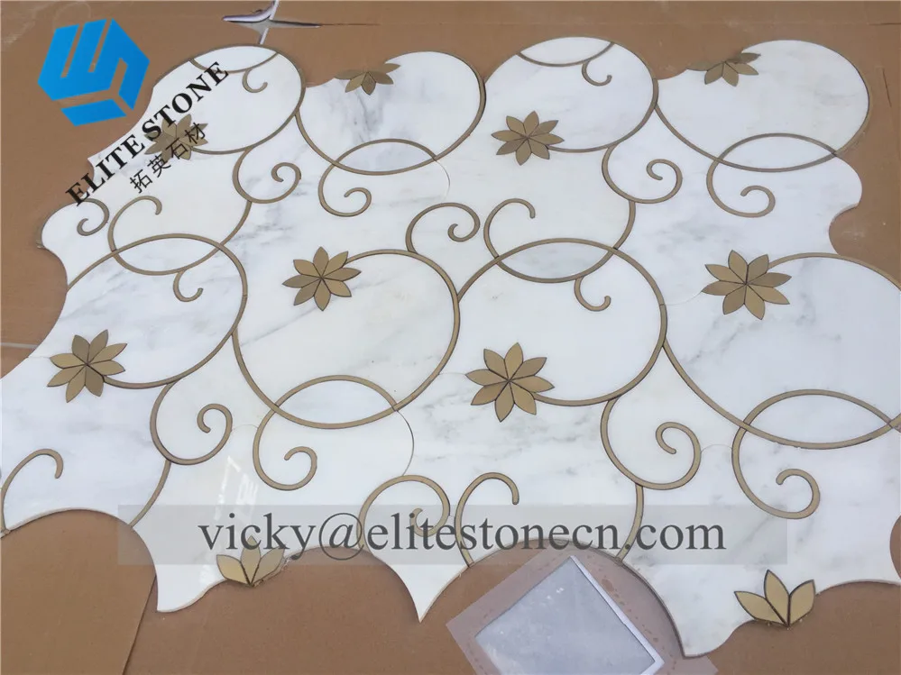 carrara white marble water jet mosaic gold metal brass inlay luxury wall tile
