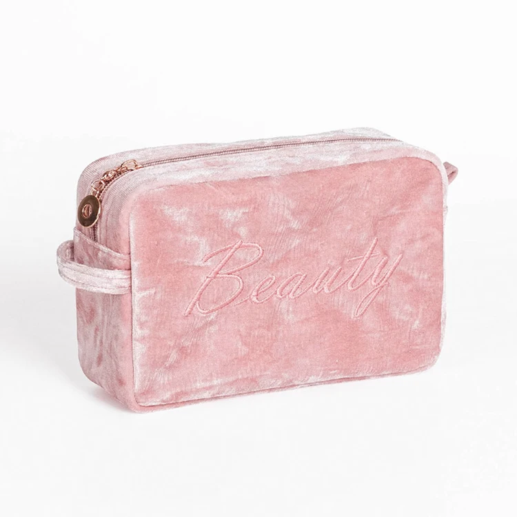 Sandro Wholesale Latest Design Velvet Pink Cosmetic Make Up Case Bag with Logo for Ladies