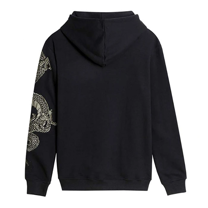 Крутая мужская толстовка с капюшоном в китайском стиле вышитая Толстовка драконом тонкая работа свитшот пуловер черная