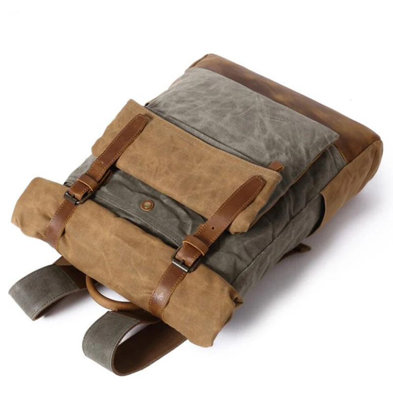 Dreamtop DTB353 waterproof waxed canvas top roll rucksack vintage hiking laptop canvas backpack men