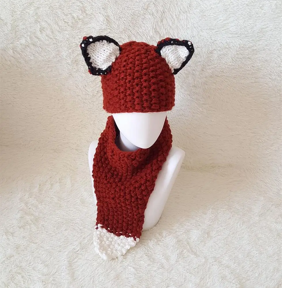 Winter warm cute baby fox cowl hat scarf