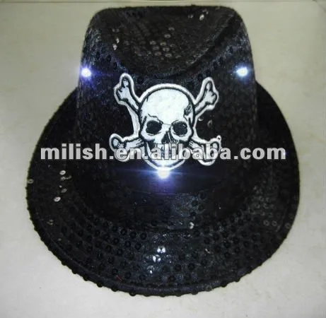 party festival custom logo glow Black sequin LED Fedora top hat MH-1487